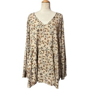 Lane Bryant V Neck Peplum Blouse Floral Leaf Tan Size 22